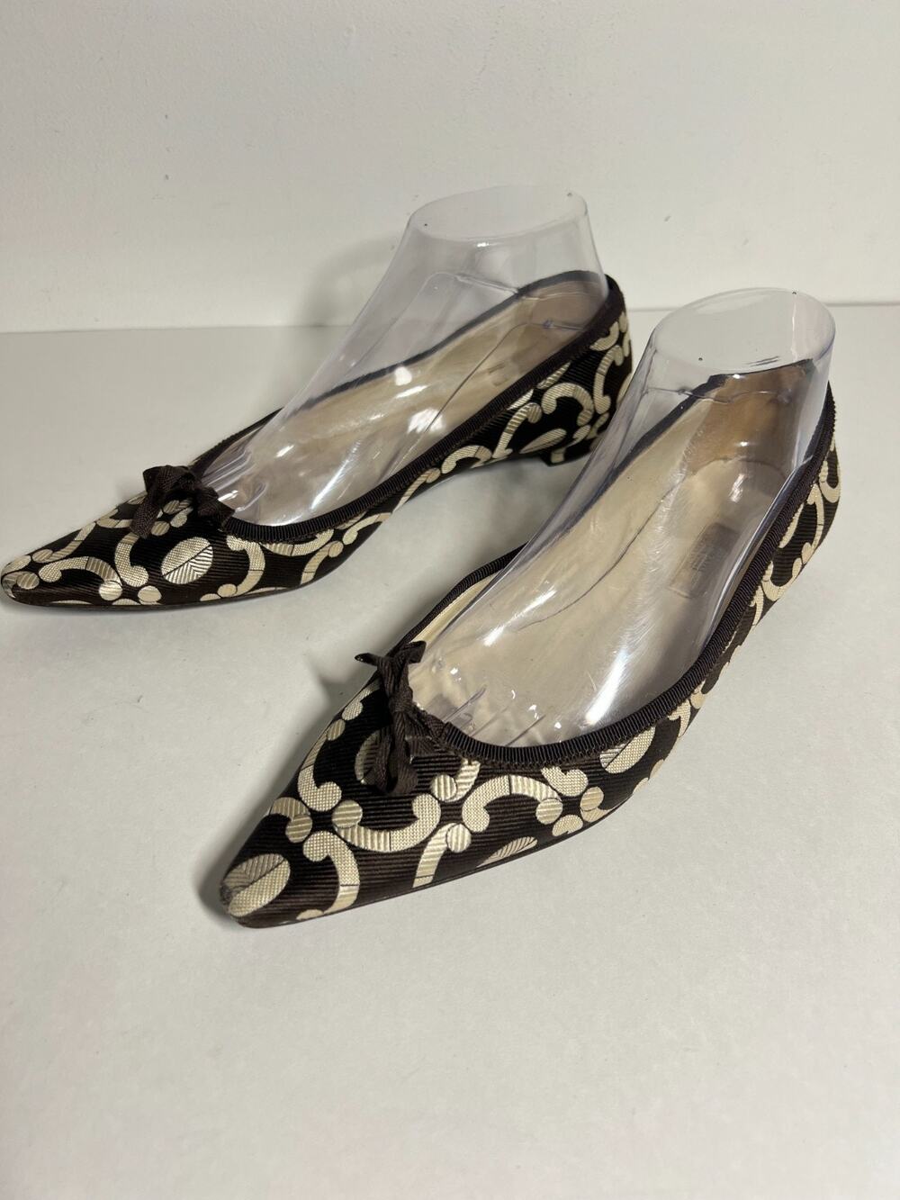 Prada Chocolate Brown Print Pointed Toe Slip On Ballerina Flat Bow Shoe 7.5 37.5